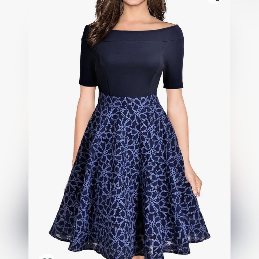 Miusol Royal Blue Boat Neck  Flair Aline Floral Skirt Midi Dress sz XXL Fits S14